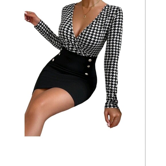 Black and White Houndstooth Print Surplice Neck Bodycon Dress Medium - Picture 6 of 6